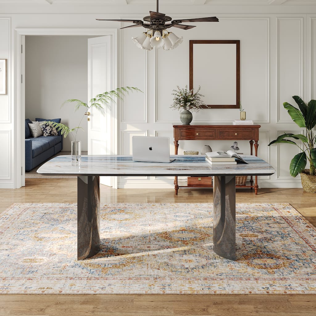 Modern 63" Retangular Wrining Desk, Faux Marble Table Top Desk With Double Legs