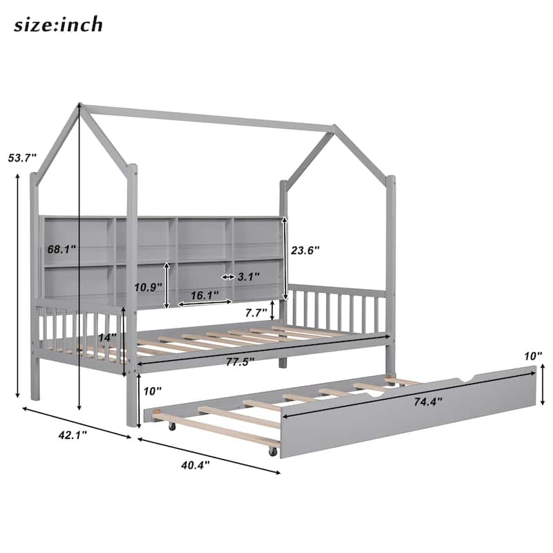 Wood House Bed with Trundle, Kids Bed with Shelf