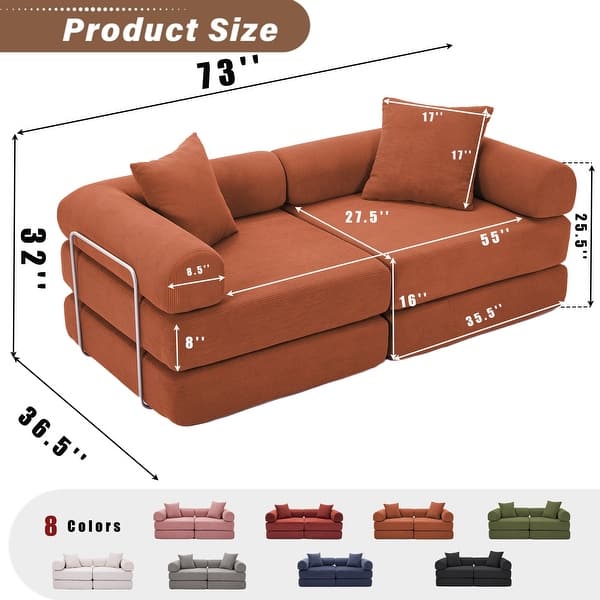 dimension image slide 5 of 8, Modular Corduroy Convertible Sofa Bed for Small Apartments