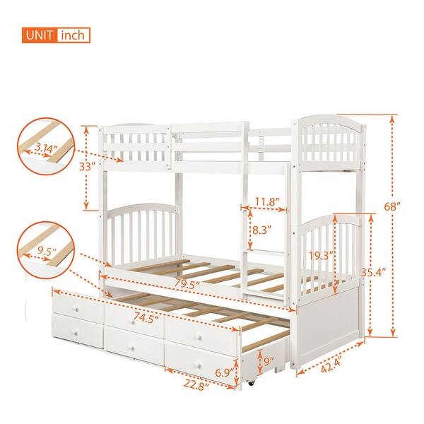 dimension image slide 1 of 4, Twin Bunk Bed with Trundle, Ladder, Safety Rail and 3 Drawers