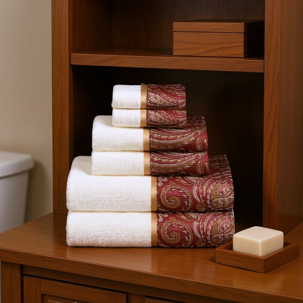 HomeRoots Set of Six White And Burgundy Cotton With Paisley Jacquard Towel Set - 52.00' X '27.00' X '0.02