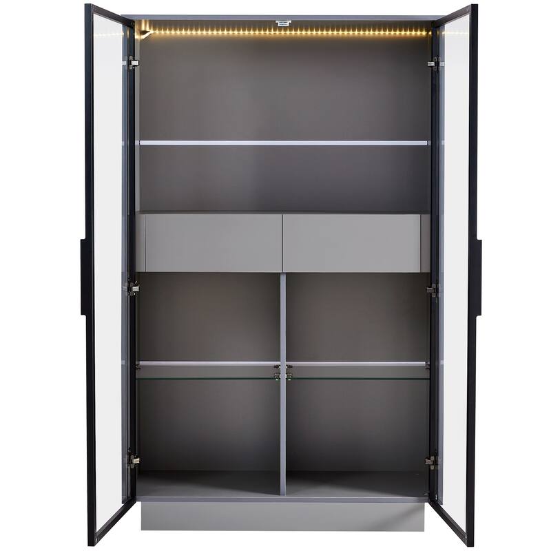 60.6" H LED Display Cabinet, 5-Layer Curio Display Cabinet with Tempered Glass Door 2 Drawers Collectibles Toy Organizers Rack