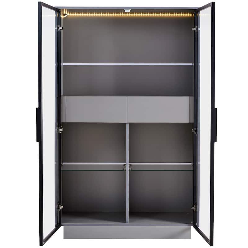 60.6"Tall Display Cabinet with Tempered Glass Door, LED Lighting, Two Drawers