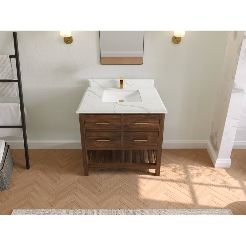 Willow Collections 36 in. W x 22 in. D Parker Solid Teak Wood Single Sink Bathroom Vanity with Quartz or Marble Countertop