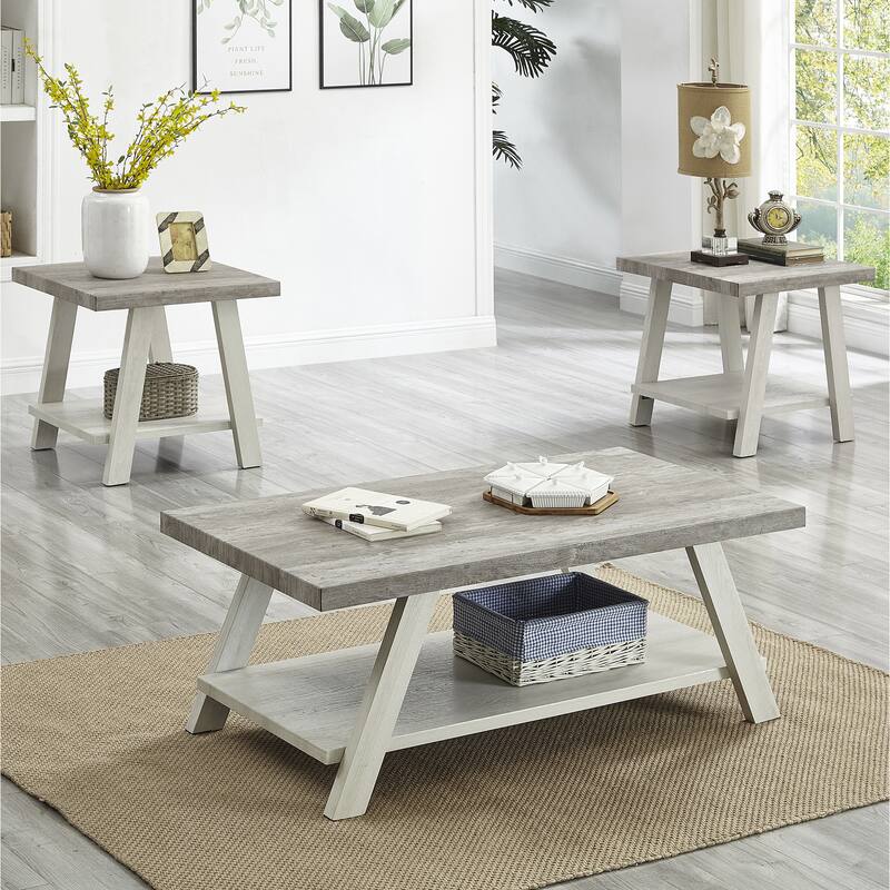 Athens Contemporary 3-Piece Wood Shelf Coffee Table Set in Weathered Gray and Beige - Multicolor