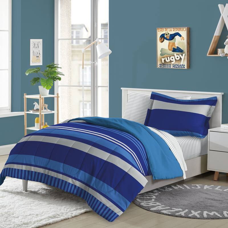 Dream Factory Rugby Stripe Bed-In-A-Bag Comforter Set - Blue - Twin