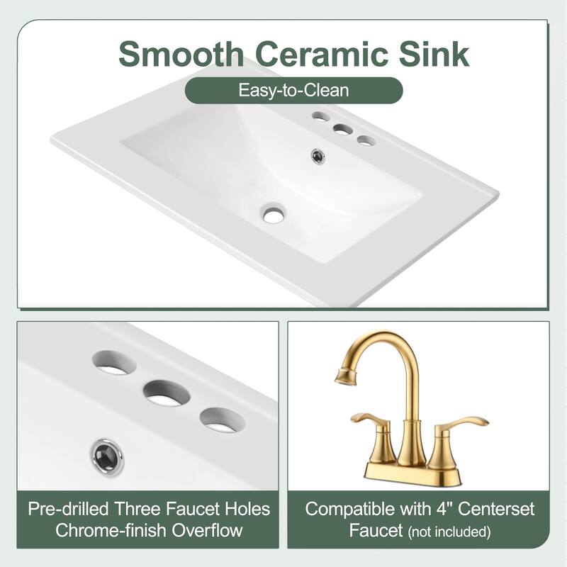 24" Freestanding Bathroom Vanity with Ceramic Sink, Door Shelf, Drawer, Pull-Out Basket, MDF and Wood Base