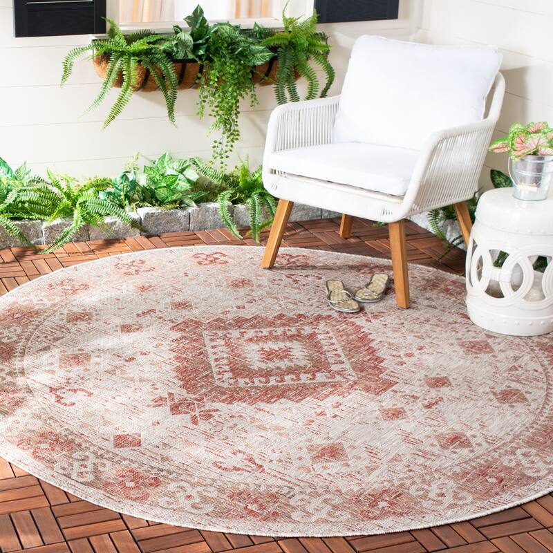 SAFAVIEH Courtyard Adrielle Outdoor Waterproof Patio Backyard Rug - 6'7" Round - Beige/Red