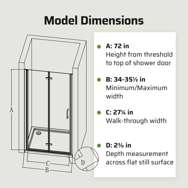 30"/32"/34" W x 72" H Frameless Folding Pivot Shower Door, 6mm Tempered Glass, Matte Black Bifold Bathroom Door
