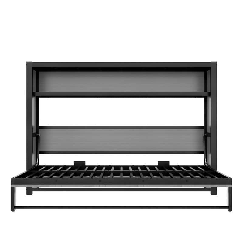 Twin Size Murphy Bed with 2-Tier Storage Shelves, Folding Metal Wall Bed Frame with Clothes Hanging Rod