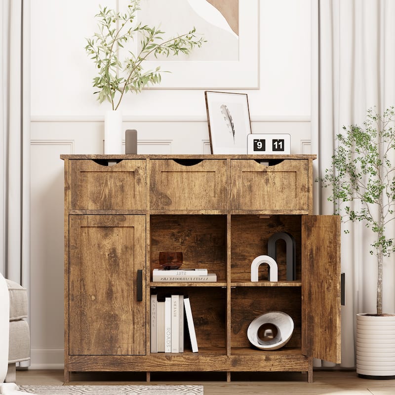 Wooden Floor Cabinet with Drawers and Shelves - Vintage