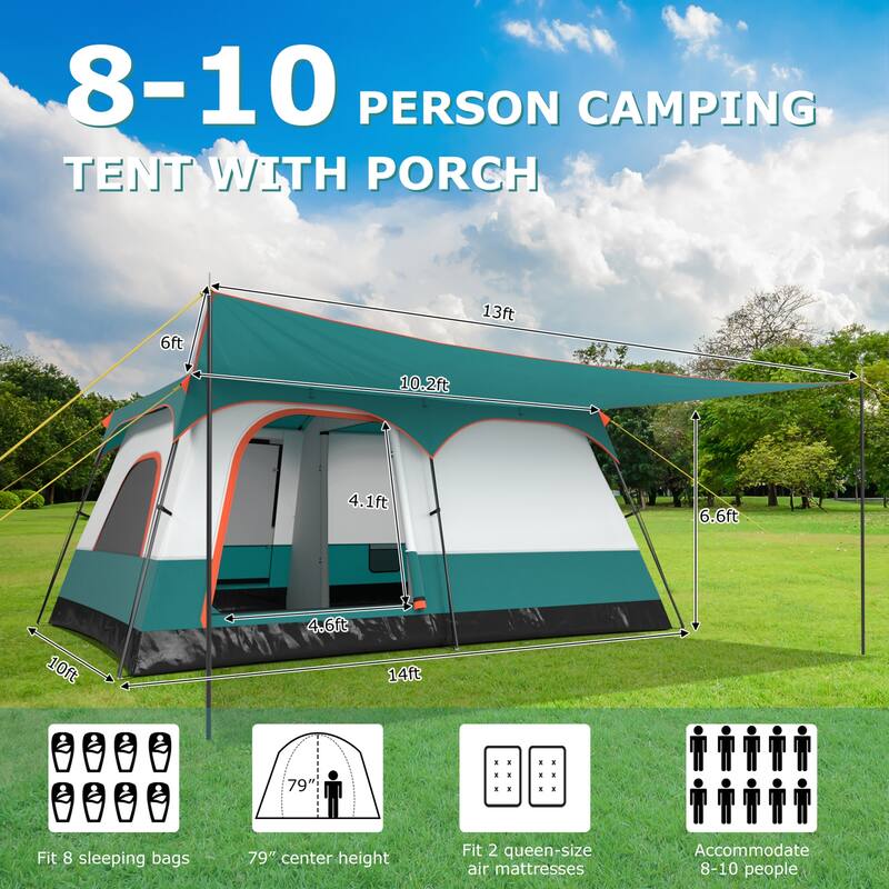Gymax 10-Person Camping Tent with Porch Large Family Cabin Tent w/ 2