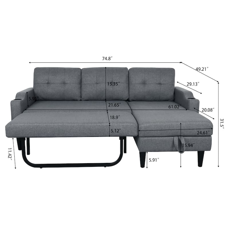 Grey Fabric Sofa, 75x49x32 inches, with Storage and Comfort Features