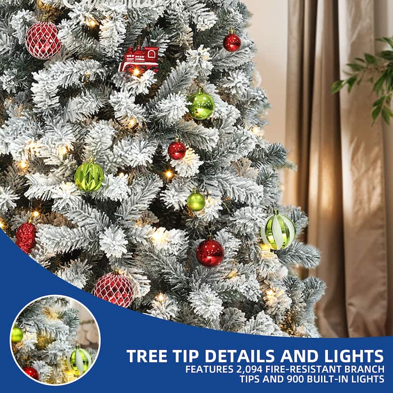 6 /7.5 /9 ft Prelit Snow Flocked Christmas Tree with Remote, 11 Light Modes & Foldable Base