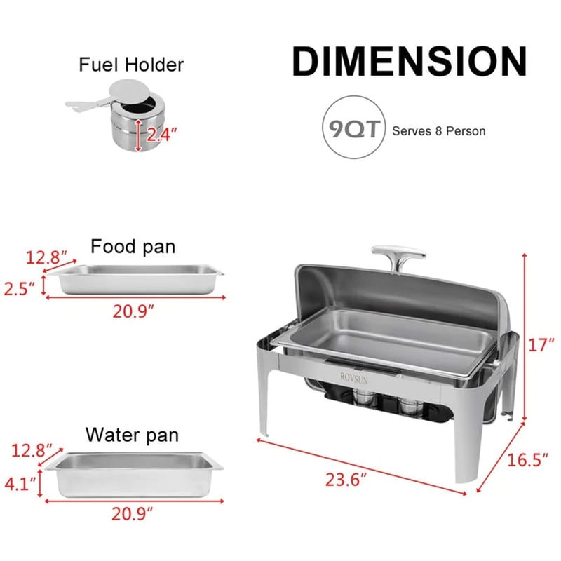 1/2 Set 9Qt Full Size Roll Top Stainless Steel Rectangular Chafer Buffet Chafing Dish