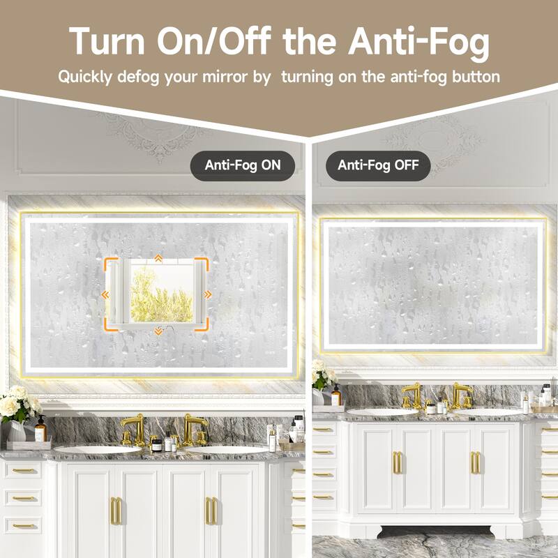Gold-Silver Glass LED Vanity Mirror with Dual Lighting, Anti-Fog and Dimming - 60” W x 36” H