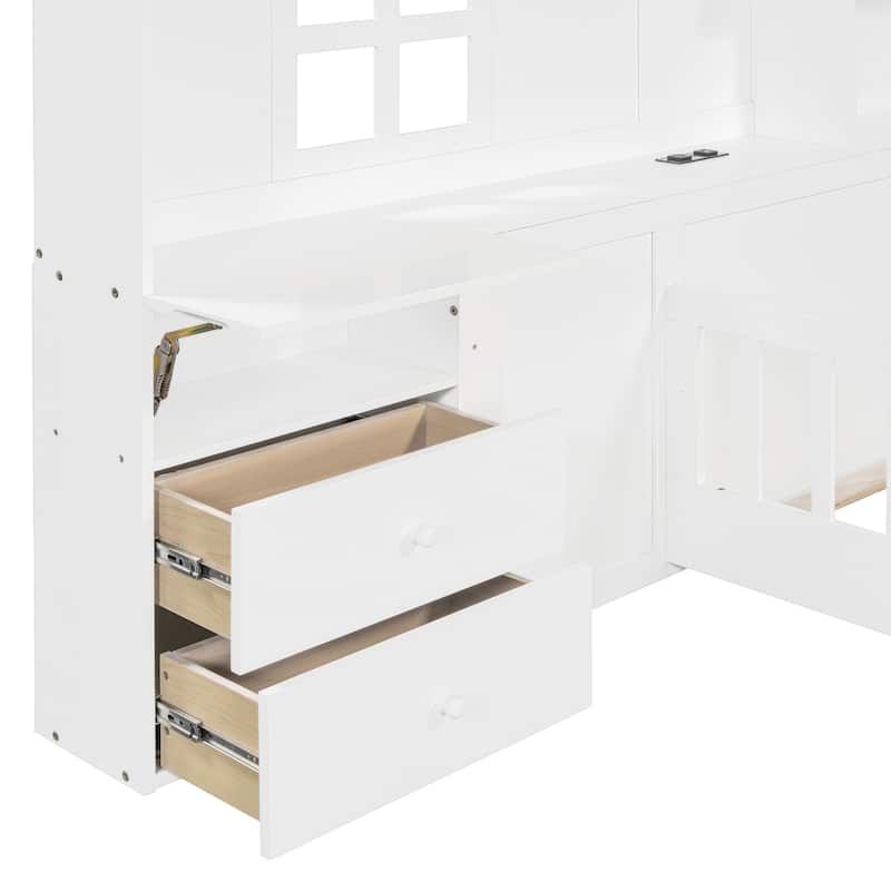 Roomfitters Twin/Full Size House Bed with Shelves, USB Port, Window Design and Side Compartments, White
