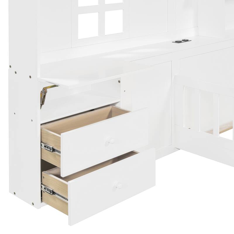 Wooden Floor Platform Bed with House Shape Storage Wingback Headboard, House Bed with USB, Window and Bedside Drawers