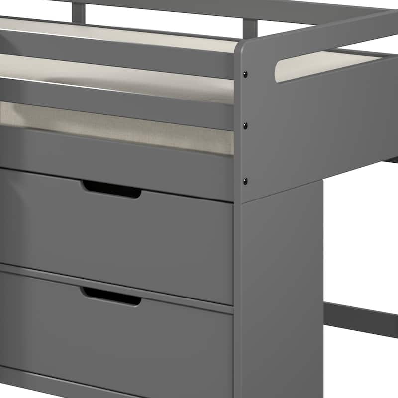 Twin Loft Bed with Built-In Drawers and Open Shelves, Space-Saving Design with Fixed Ladder and Slat Support, Gray Wood Finish