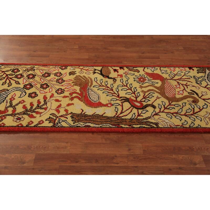 Animals Design Yellow Ziegler Indian Runner Rug Handmade Wool Carpet - 2'6"x 8'0"