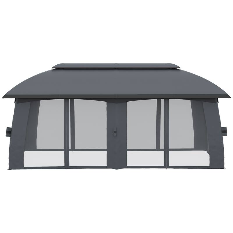 118" x 236" Dark Grey Outdoor Gazebo with Mesh Netting and Two-Tier Roof Included Stakes - 118" L x 236.25" W x 109.5" H