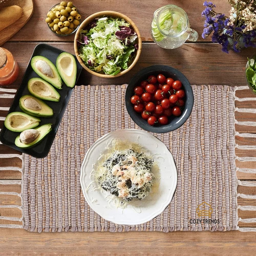 Cotton Hand Woven Placemats for Dining Room - Rectangle 14''x20'' with Fringes (Set of 2)