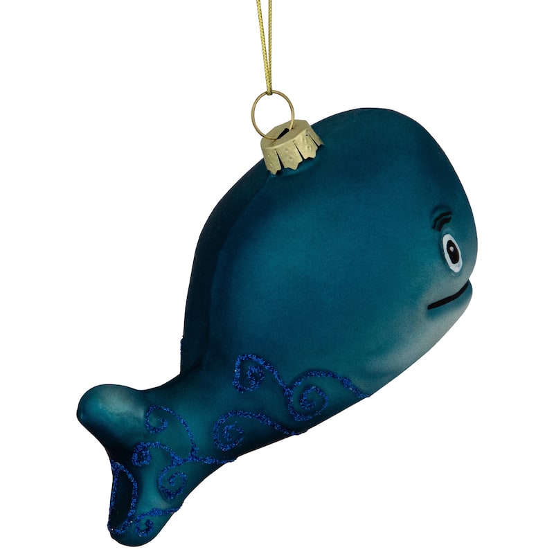 Glittered Whale Glass Christmas Ornament - 4" - Teal Blue - 2.5"