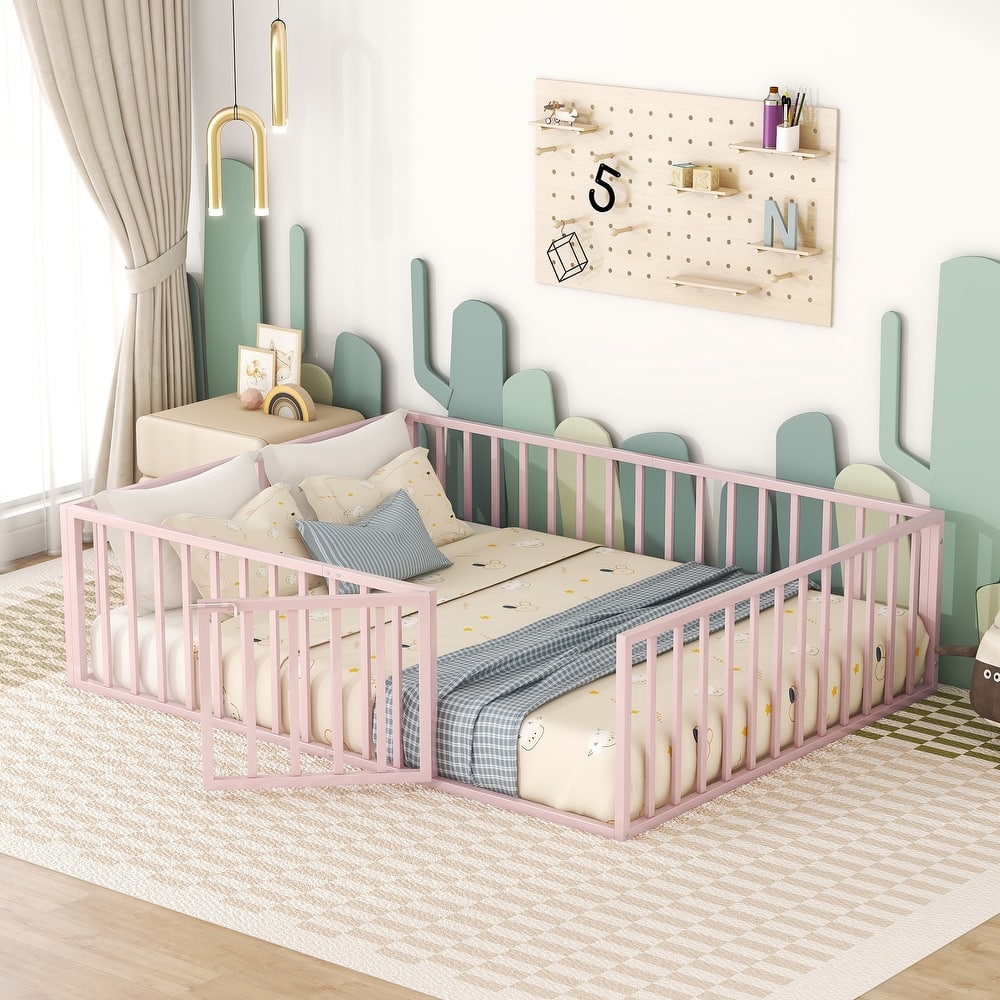 Queen Size Metal Floor Bed Frame with Fence and Door for Kids, Boys and Girls, Bedroom