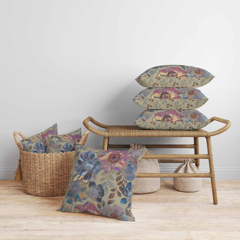 Painted Petalscape Faux Suede Reversible Throw Pillow Beige and Pink