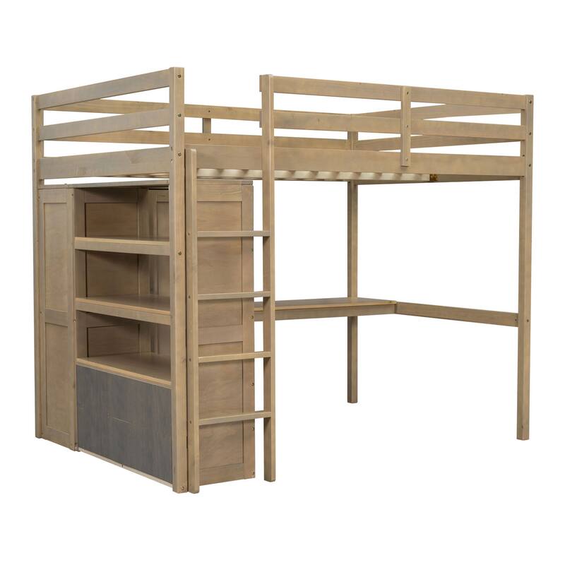 Full Size Pinewood Loft Bed with Built-in Study Desk and Wardrobe, Storage Shelves and 2 Drawers, Full-length Guardrails