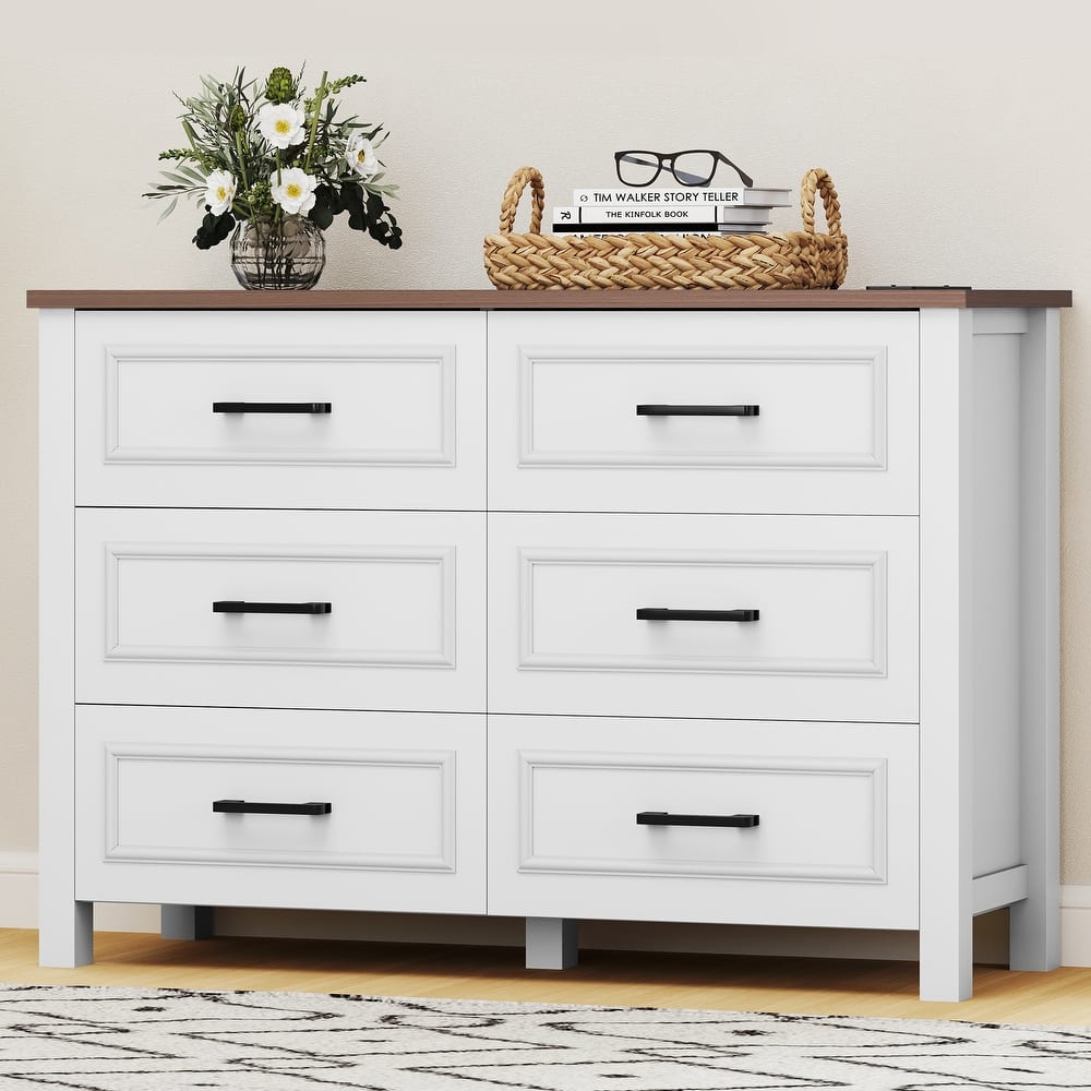 6-drawer Wood White Dresser with Built-in Power Outlet