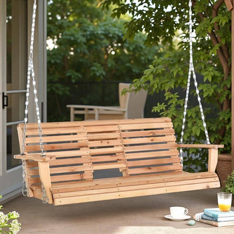 Wood 3-Seater Porch Swing with Folding Table and Cup Holders (440lb Capacity)