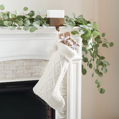 SAFAVIEH Holiday Cookie White Hanging Knit Pom-Pom Stocking (Set of 2) - 12" W x 20" L
