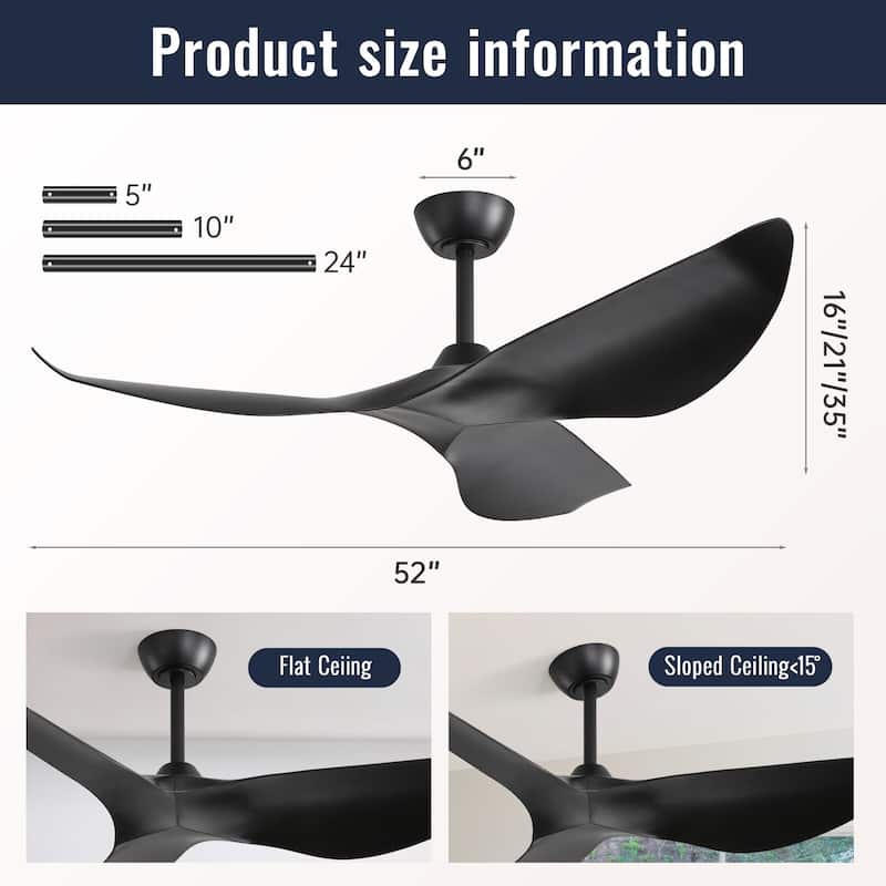 Sofucor 52inch Farmhouse Vintage Ceiling Fan with Wave-shaped curved Blades, Remote Control,Without Light - 52 Inches