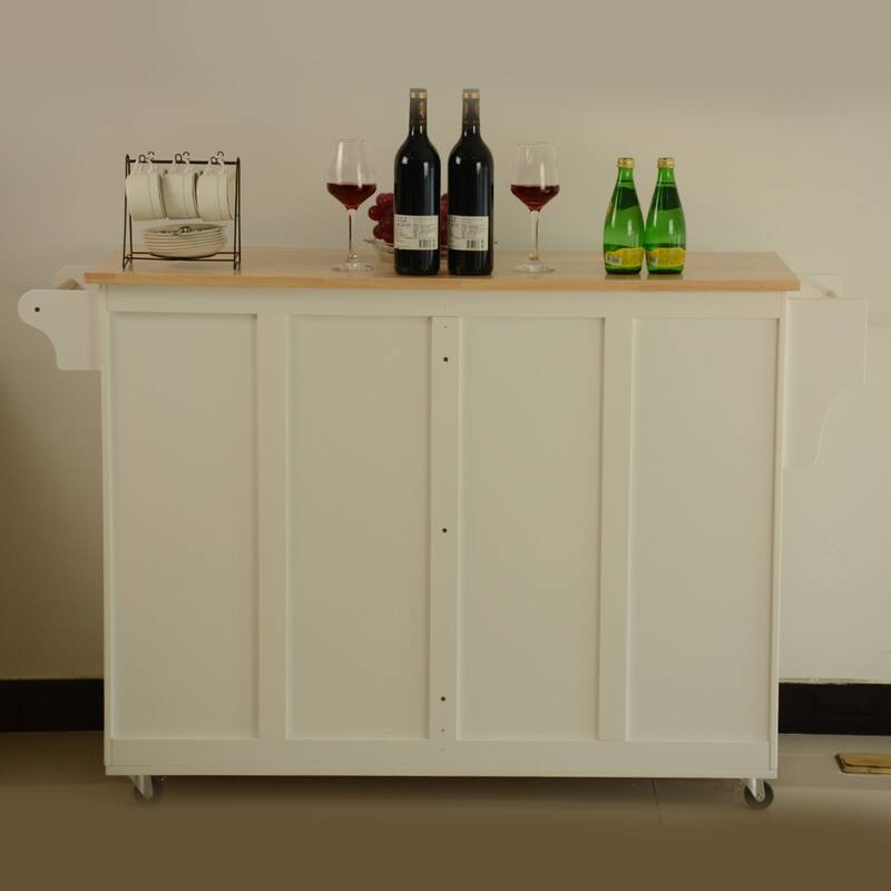Mobile Kitchen Island, Rubber Wood Top, Big & Adjustable Shelf Inside Cabinet for Different Utensils