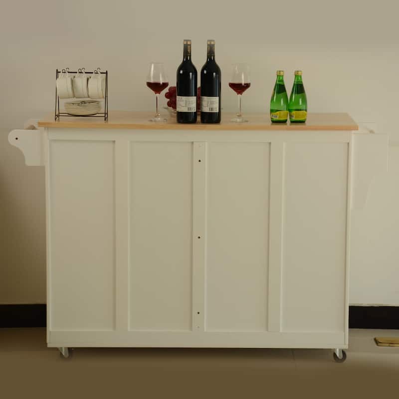 Rubber Wood Top Kitchen Island, Mobile Island on Wheels, Portable Island Table with Adjustable Shelf, 2 Drawers & 2 Cabinets