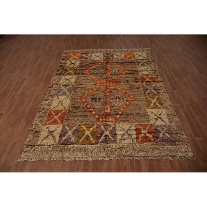 Hand Knotted Oriental 100% Wool Carpet Modern Tribal Brown Moroccan Area Rug - 9' 9'' X 6' 11''