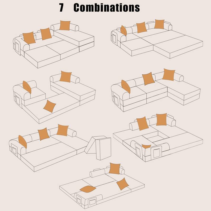 107" Orange Corduroy Modular Sectional Sofa Bed, 7-in-1, No Assembly