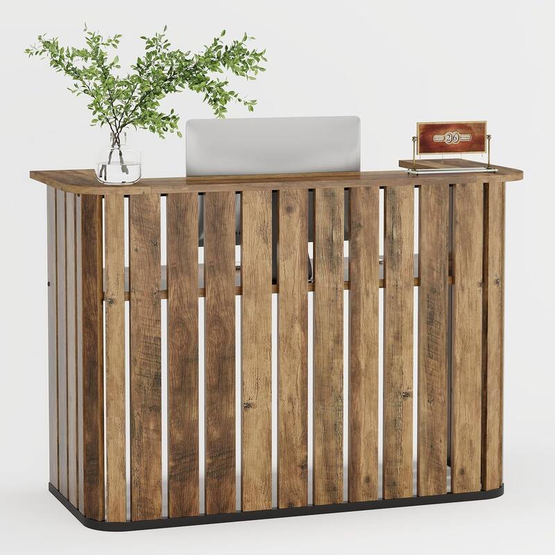 63-Inch Brown MDF Reception Desk, Modern U-Shaped Front Desk with Private Panel for Reception Room