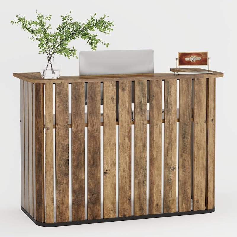 63 Inches Brown Engineered Wood Reception Desk, U-Shaped Front Desk with Private Panel