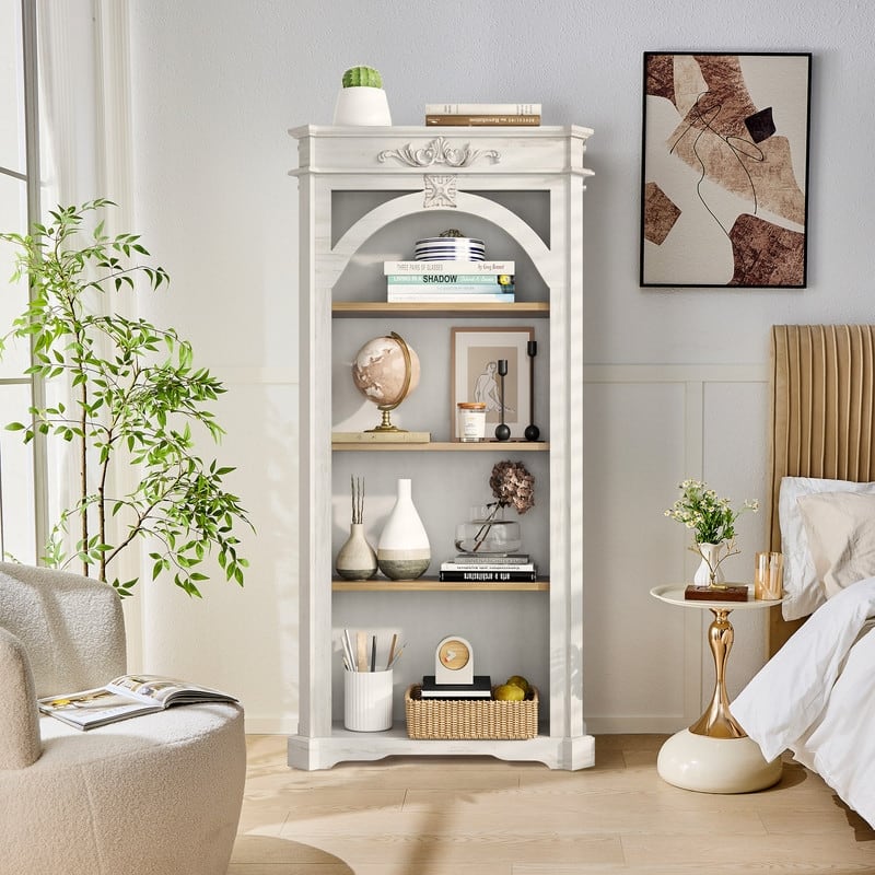 65" Tall Floor Standing Bookcase,4 Tiers Arched Bookshelf for Home Office,Living Room - White