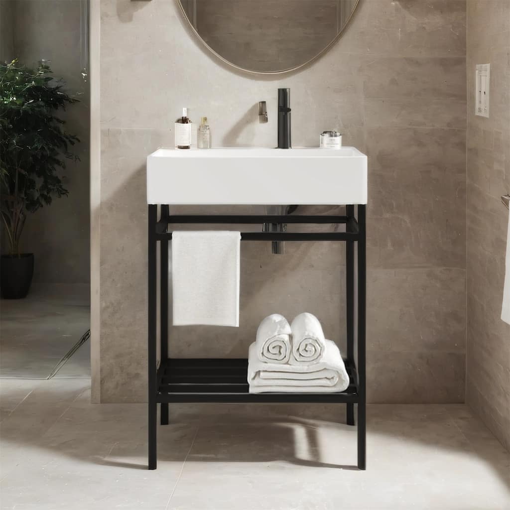 24" Bathroom Vanity Set with Ceramic Basin and Storage Shelves (No Faucet)