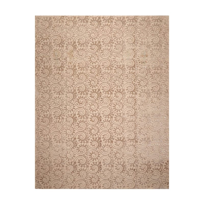 Hand Woven French Aubusson Tan Floral Wool & Silk Modern Area Rug - 9' 2'' x 11' 10''