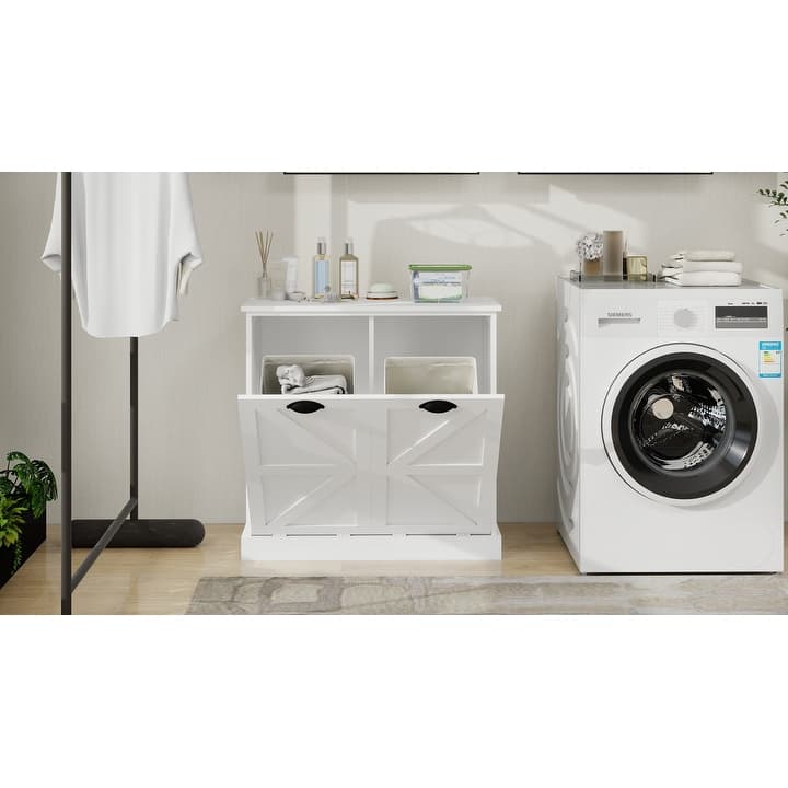 Two-Compartment Tilt-Out Laundry Sorter Cabinet-White