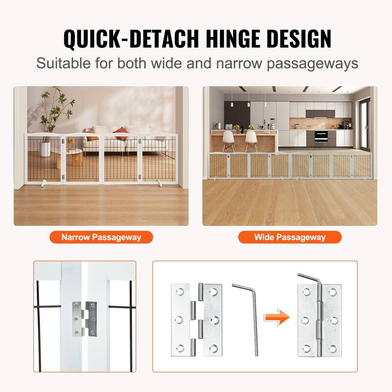 Modern 4 Panels Foldable and Expandable Freestanding Pet Gate with Footpads - 96.46 x 9.65 x 32.01 in