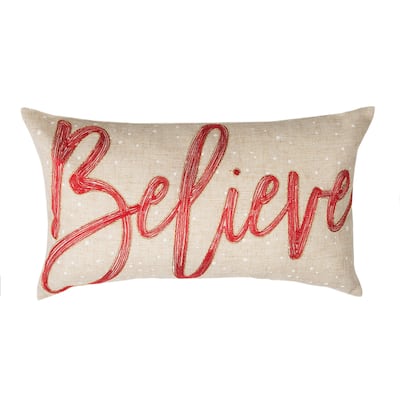 Believe Embroidered Christmas Pillow, 12 by 20-Inch