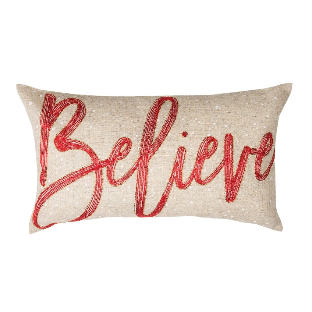 Believe Embroidered Christmas Pillow, 12 by 20-Inch