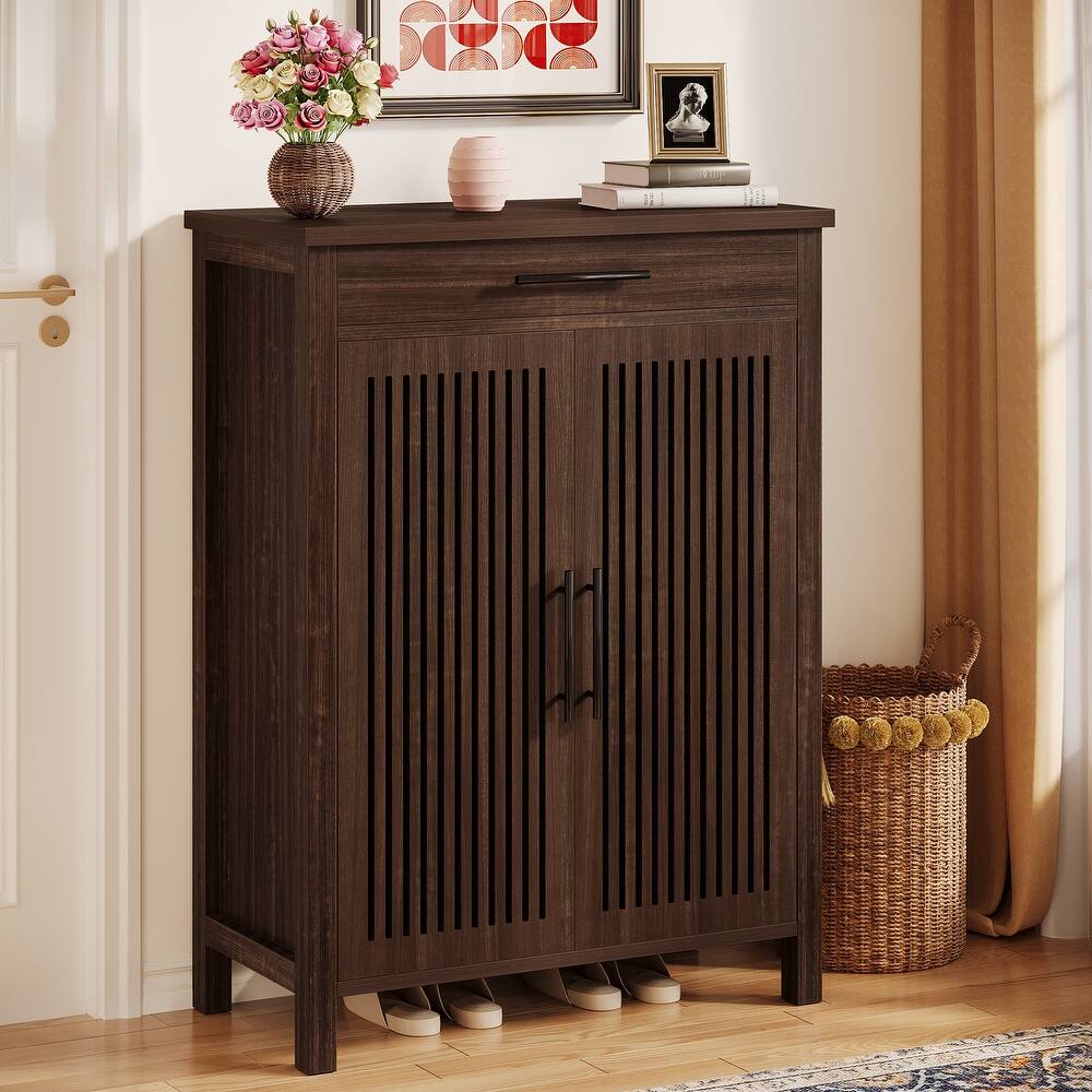 Shoe Cabinet with Louvered Doors & Drawer, Freestanding Wooden Shoe Rack for Entryway