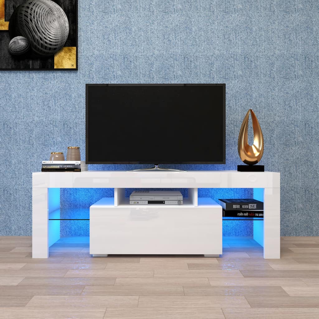 Roomfitters Entertainment TV Stand, Modern High Gloss Media Console with LED Light and Storage Shelves