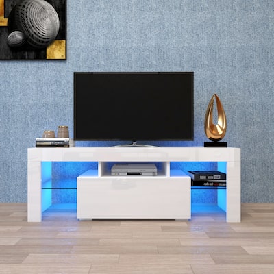White Modern Style 51.18" TV Stand with LED RGB Lights and Big Drawer for TVs Up to 50"